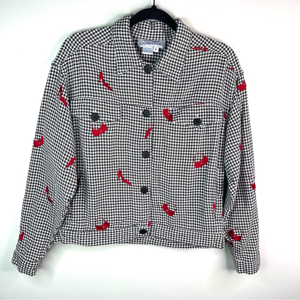 Retro Casey Coleman Houndstooth Light Weight Bomber Jacket Embroidered Size M